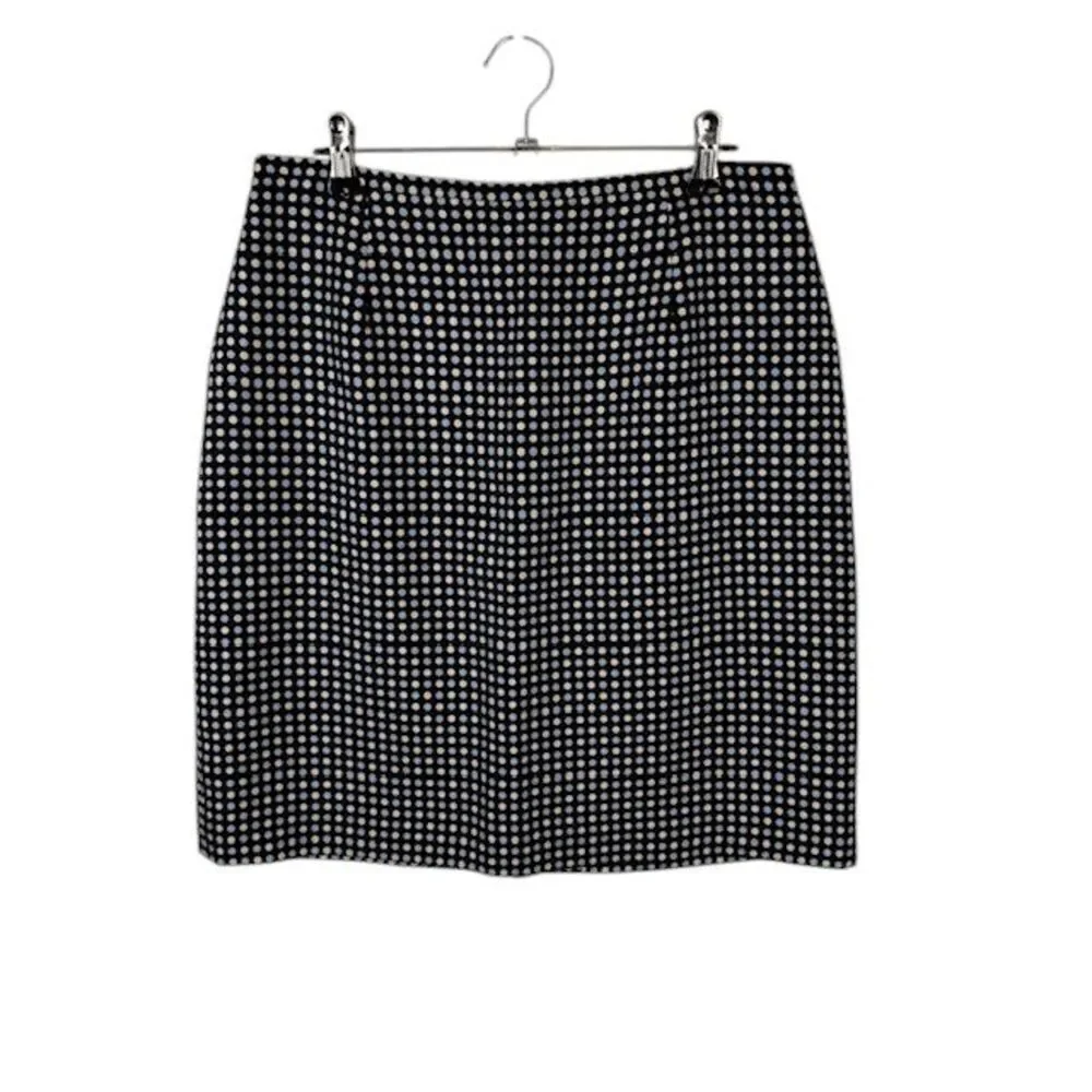 Ann Taylor 100% Silk Pencil Skirt Black with Blue / Cream Polkadots‎ Size 8P